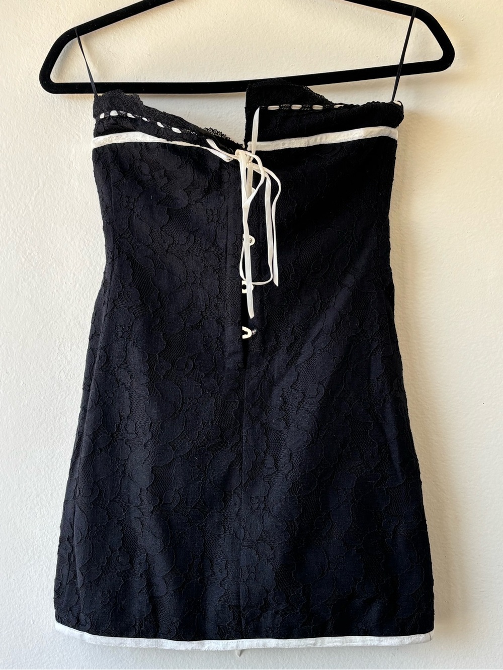 With Jean Black Lace Strapless Mini Dress with White Trim